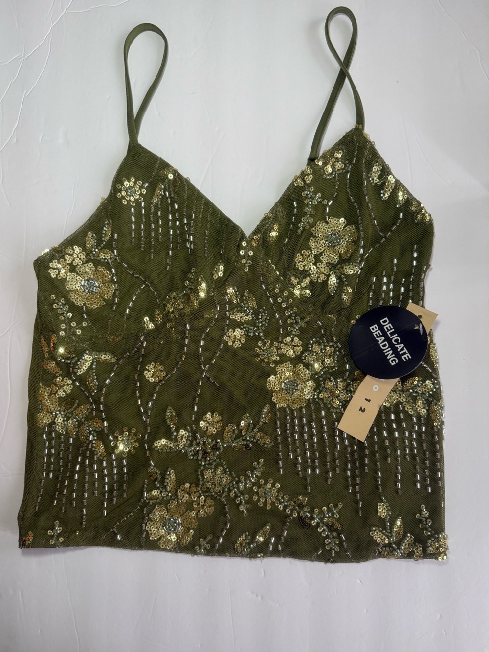 Studio 12 Green Beaded Floral Cami Top - Size L - Embroidered Y2K Fairy - NWT
